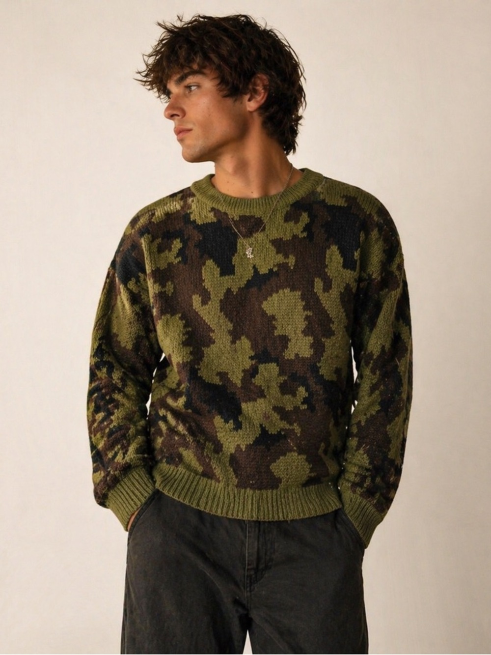 Black Sheep Vintage 90s Camo Knit Sweater Crewneck Green Brown L Military